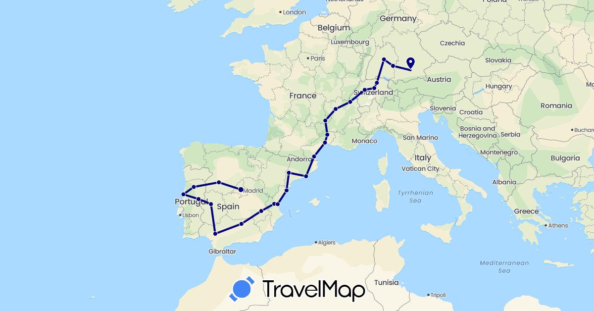 TravelMap itinerary: driving in Switzerland, Germany, Spain, France, Portugal (Europe)